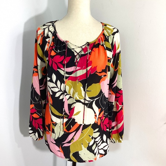 NWT COUNTERPARTS SIZE SMALL CREPE FLORAL BLOUSE TOP LONG SLEEVE PEASANT … - Picture 1 of 13